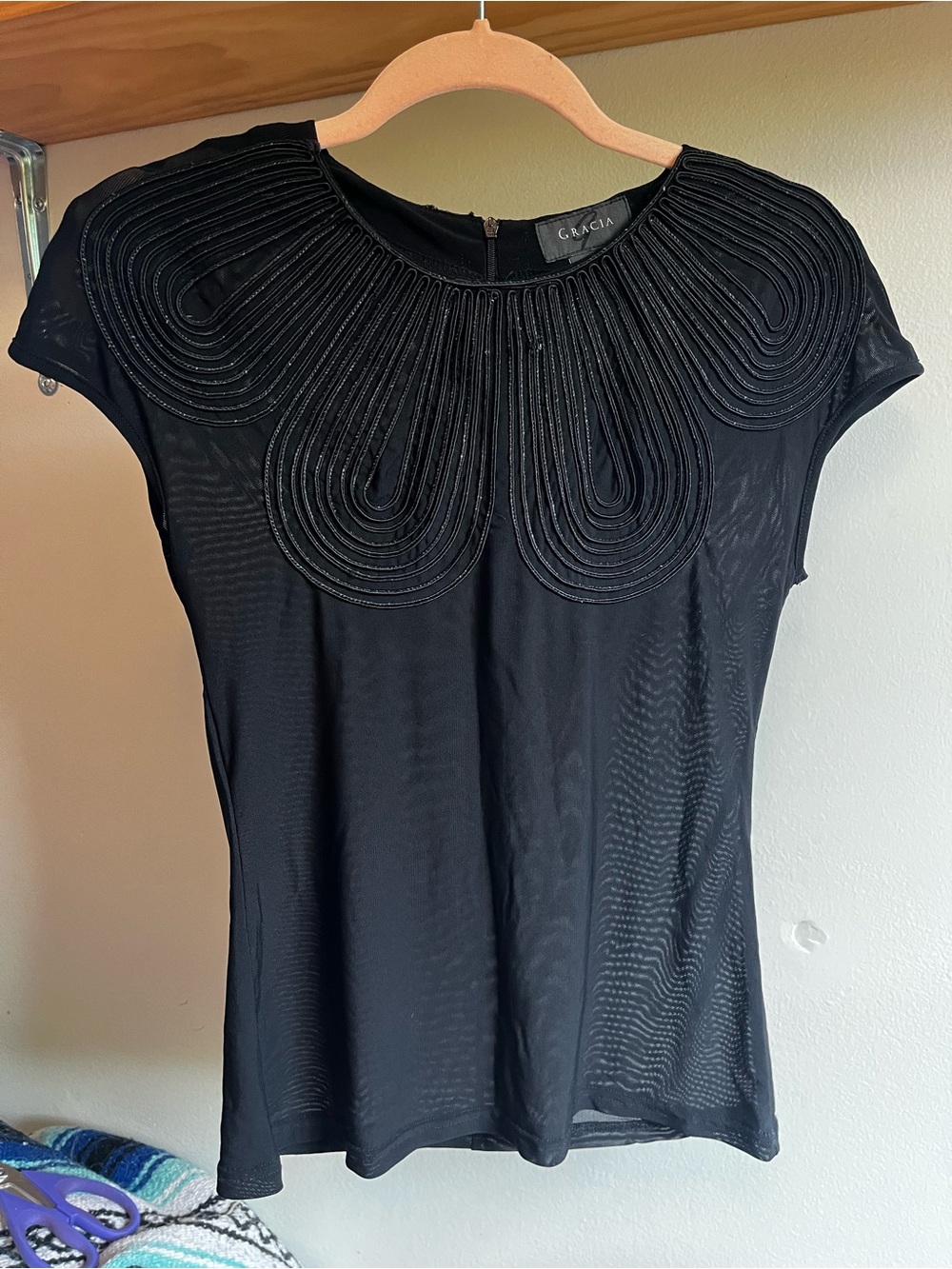 Gracia Black Mesh Cap-Sleeve Top with Textured Embellished Yoke
